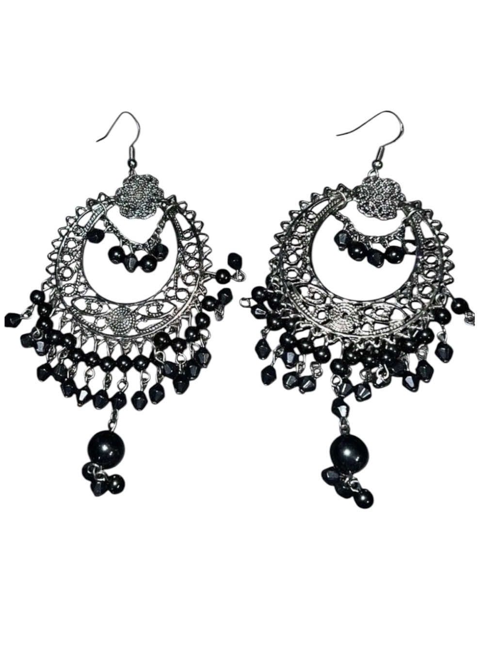 Vintage Gunmetal Black and Silver Filigree Chandelier Earrings
